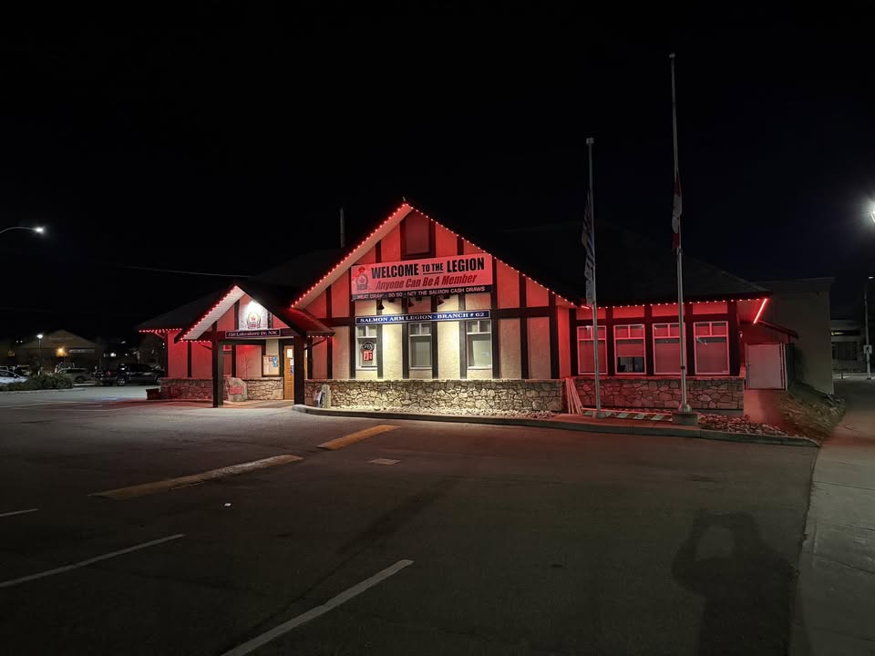 The Salmon Arm Legion Branch #62 building lit at night